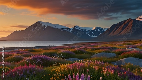 Wallpaper Mural Wallpaper norway landscape nature of the mountains of Spitsbergen Longyearbyen Svalbard on a flowers polar day with arctic summer in the sunset Generative AI Torontodigital.ca