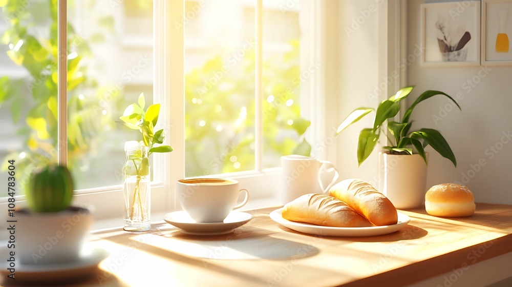 A cozy kitchen scene featuring fresh bread, a cup of coffee, and potted plants, illuminated by warm sunlight streaming through a window. A cozy kitchen scene featuring fresh bread, a cup of coffee, and potted plants, illuminated by warm sunlight streaming through a window.