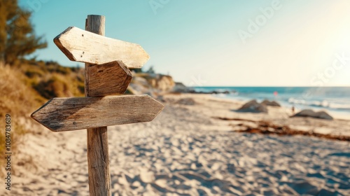 Wooden beach signpost on sandy coastline under a clear blue sky at sunset. photo