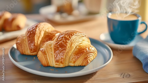 A cozy breakfast scene featuring two golden croissants on a plate beside a steaming cup of coffee.