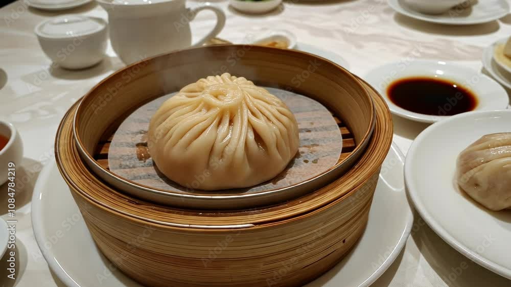A single, perfectly steamed bao bun rests inside a traditional bamboo steamer A single, perfectly steamed bao bun rests inside a traditional bamboo steamer