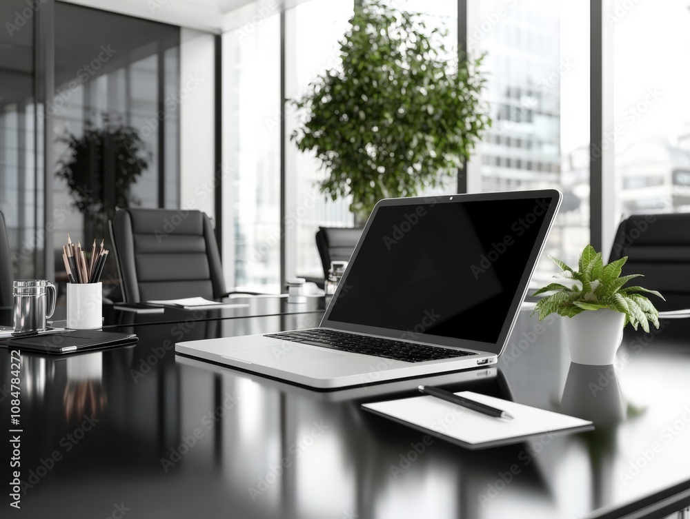 Modern office desktop with laptop and greenery for a fresh, professional workspace. Modern office desktop with laptop and greenery for a fresh, professional workspace.