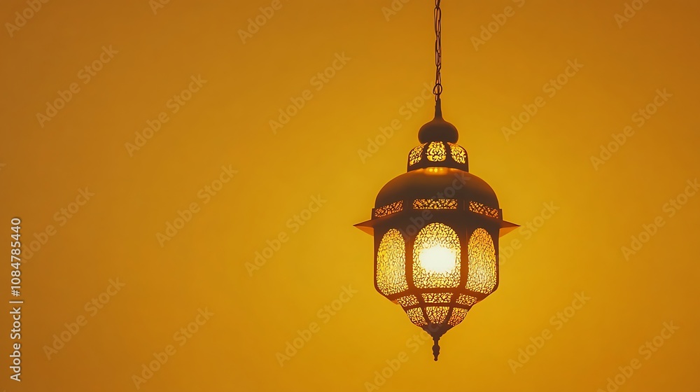 Illuminated Moroccan Lantern Hanging Against a Warm Yellow Background Illuminated Moroccan Lantern Hanging Against a Warm Yellow Background