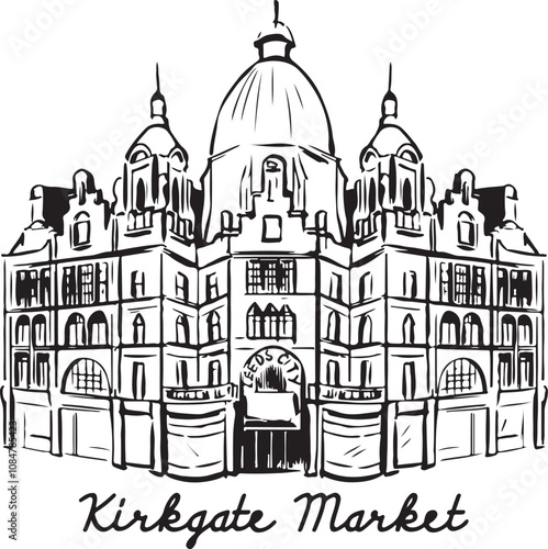 Kirkgate building ink illustraton. Historical architecture house sketches. UK landmark vector illustration. Architecture minimal drawings in black and white. Isolated on white photo