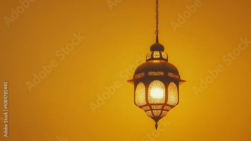 Illuminated Moroccan Lantern Hanging Against a Warm Yellow Background