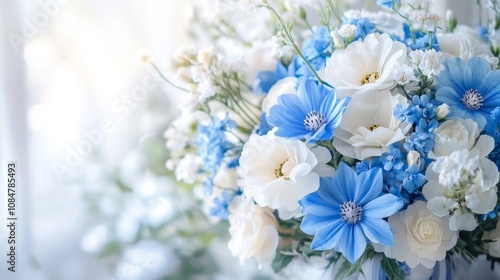 Blue and white bouquet of fresh flowers arranged beautifully on a clean white background, showcasing soft petals and an elegant, tranquil design. Perfect for themes of love, nature, and serenity.