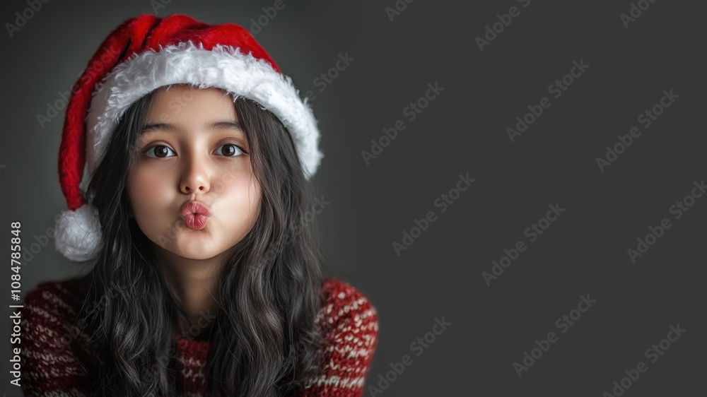 Indonesian girl student blowing a kiss in christmas wear and santa hat isolated on gray Indonesian girl student blowing a kiss in christmas wear and santa hat isolated on gray