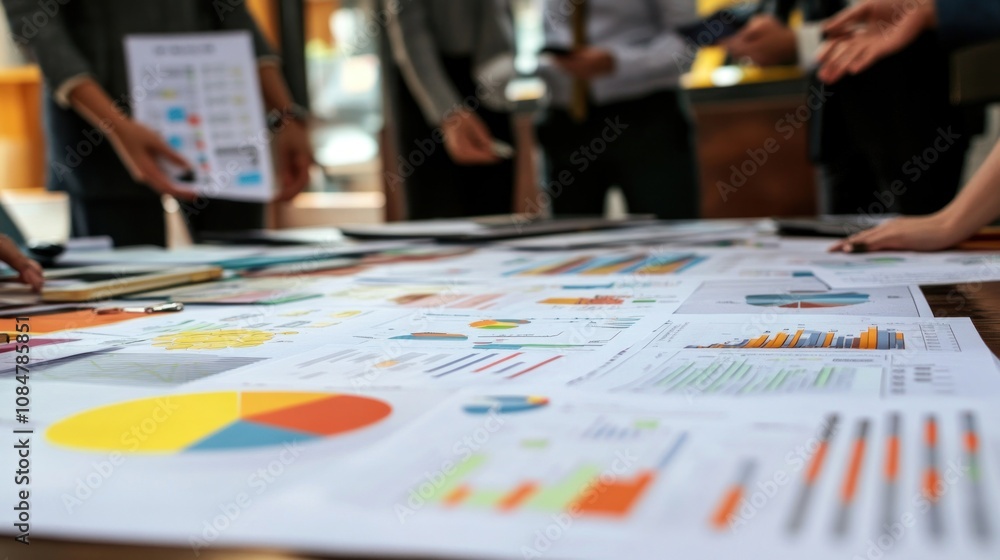 A group of people analyzing various business charts and reports on a table. A group of people analyzing various business charts and reports on a table.