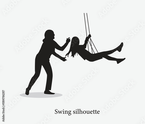 vector silhouette woman pushing a girl on a swing 