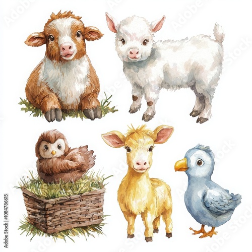 Cute hand-drawn farm animals including cow, goat, owl, chick, and pigeon. photo