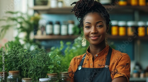 A beautiful African American herbalist works in a modern urban laboratory surrounded by various herbs, focusing on health and wellness, with a professional atmosphere. photo