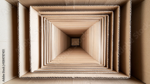 Looking down into a large stack of nested cardboard boxes in a warehouse setting