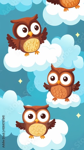 Cute cartoon owls flying on fluffy clouds against a blue background, ideal for children's designs.