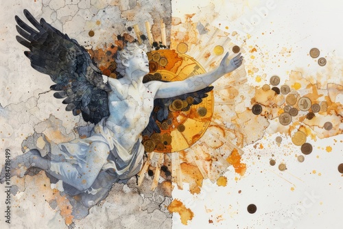 Icarus' Fall: A Mythological Ponzi Scheme Unraveled in Watercolor photo