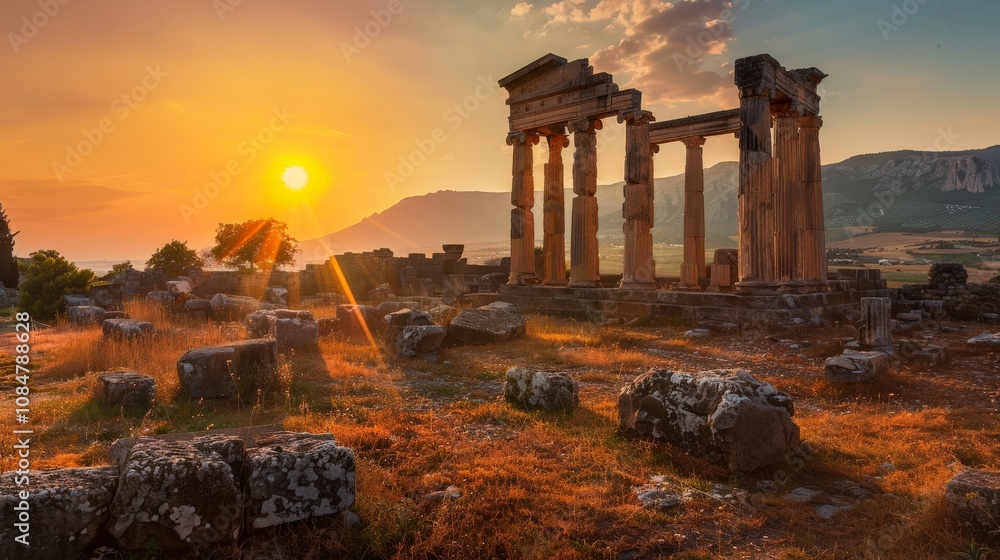 Fototapeta premium Ancient ruins at sunset, showcasing historical and archaeological beauty