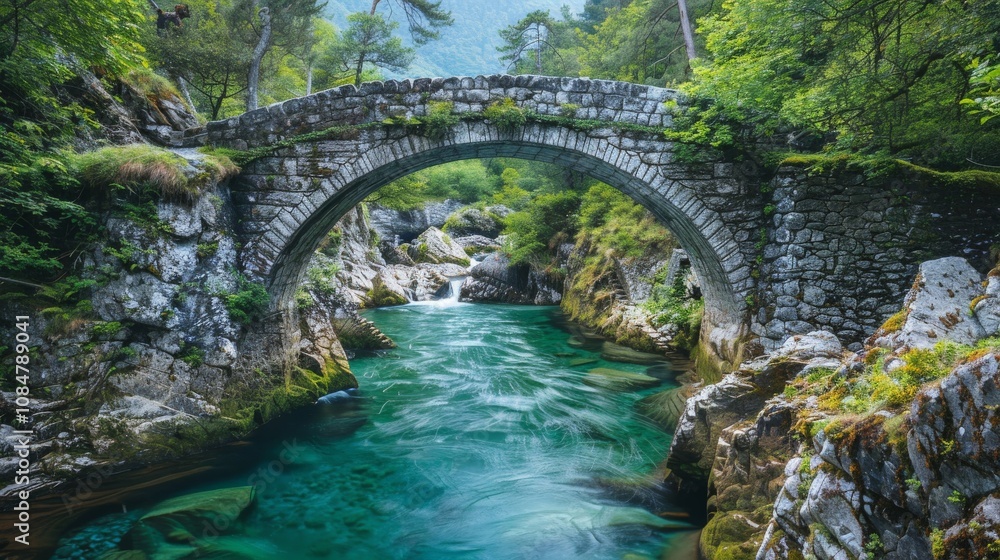 Ancient stone bridge over a scenic river in a lush landscape Ancient stone bridge over a scenic river in a lush landscape