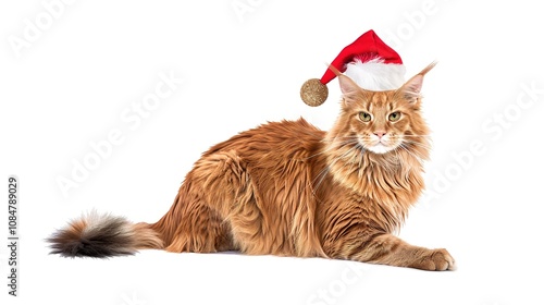 Cute Cat Wearing Santa's Hat Isolated on White Background - A Festive and Adorable Sight. The Fluffy Cat with Its Tiny Santa Hat, Looking Charming and Playful. The White Background Highlights Its Cute
