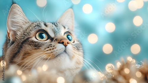 A fluffy white tabby kitten with captivating green eyes looks directly at the camera photo