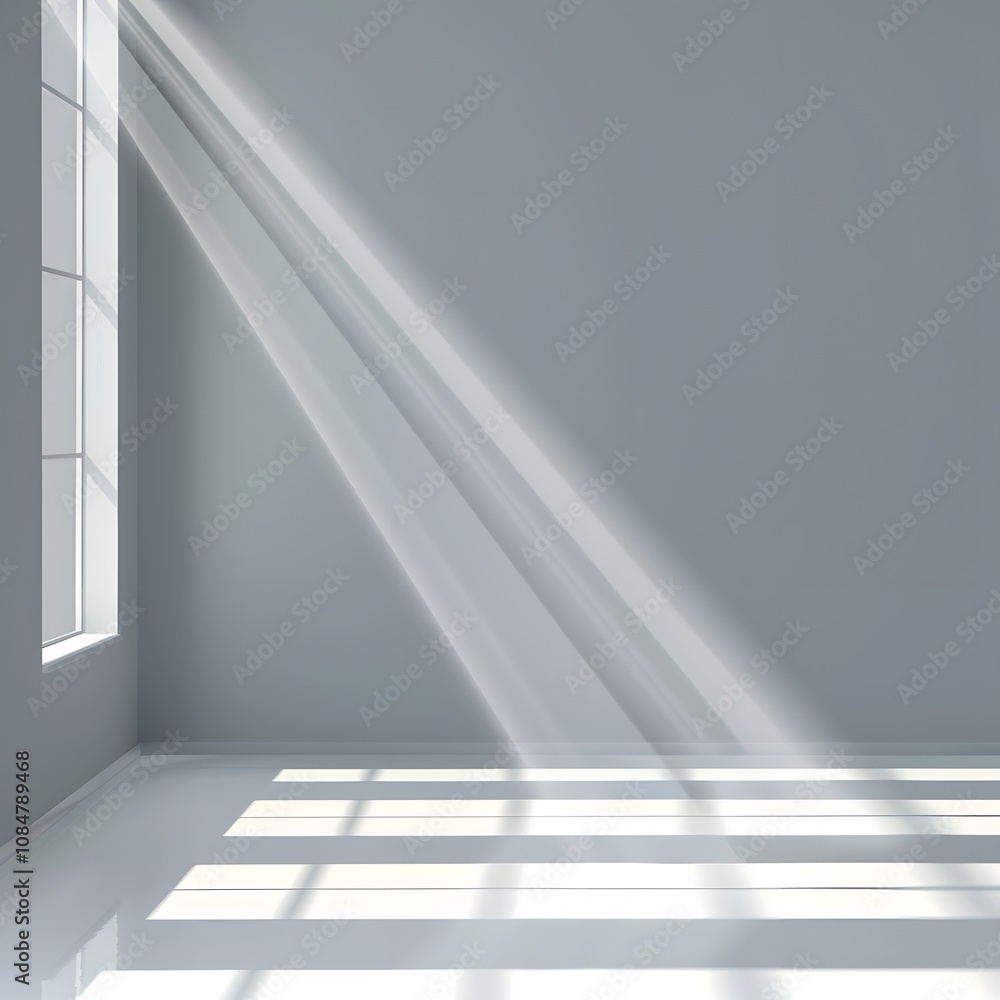 Obraz premium A minimalist interior with sunlight streaming through a window onto a smooth floor.