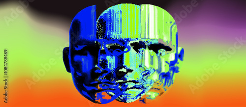 Conceptual vector illustration portraying overlapping faces in vivid blue and green tones, symbolizing the gradual breakdown of identity and information through pixelated distortion.