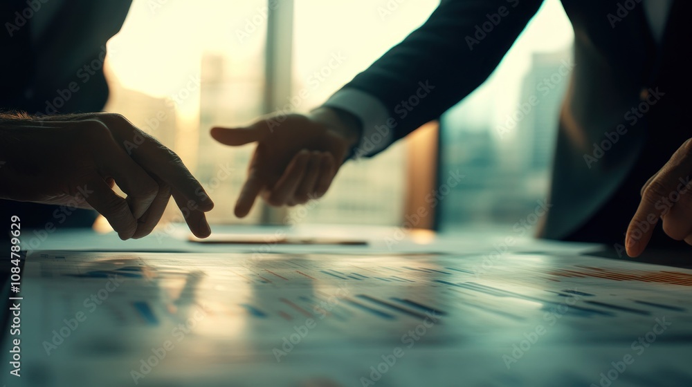 Business professionals discussing charts and data in a modern office setting. Business professionals discussing charts and data in a modern office setting.