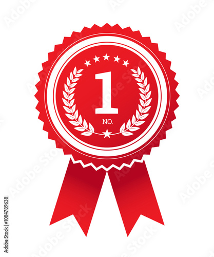 Number 1 sticker label ,1st place red badge with laurel wreath Rounded Circle Serrated Edge and ribbon Decoration vector isolated for Premium Quality product,  or your the Best selling product