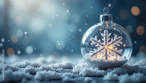 Transparent Christmas bauble with snowflake on snowy background