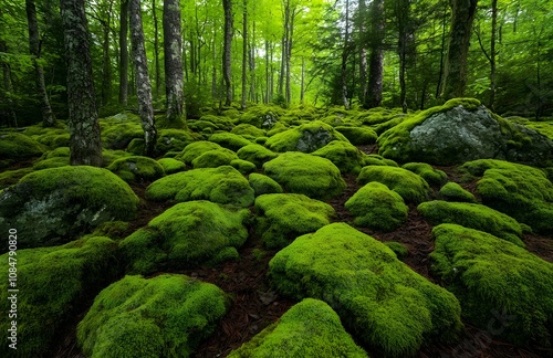 Lush Green Mossy Forest Rocks Nature Trail Woodland Scene