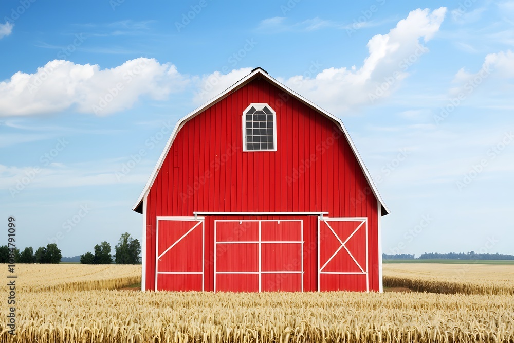 Classic Red Barn in Golden Wheat Field Rural Landscape Classic Red Barn in Golden Wheat Field Rural Landscape