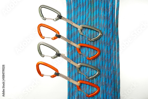 Different types of carabiner and climbing equipment isolated on white background