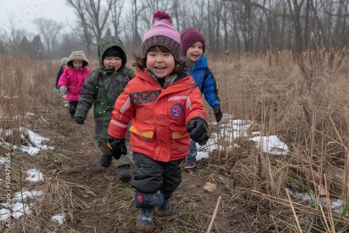 A group of children are playing in the snow, wearing warm winter clothes