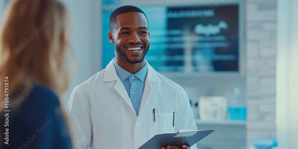 Fototapeta premium A smiling healthcare professional engages with a patient in a bright clinic. The friendly atmosphere highlights trust and care in medical services. Ideal for wellness and healthcare themes. AI