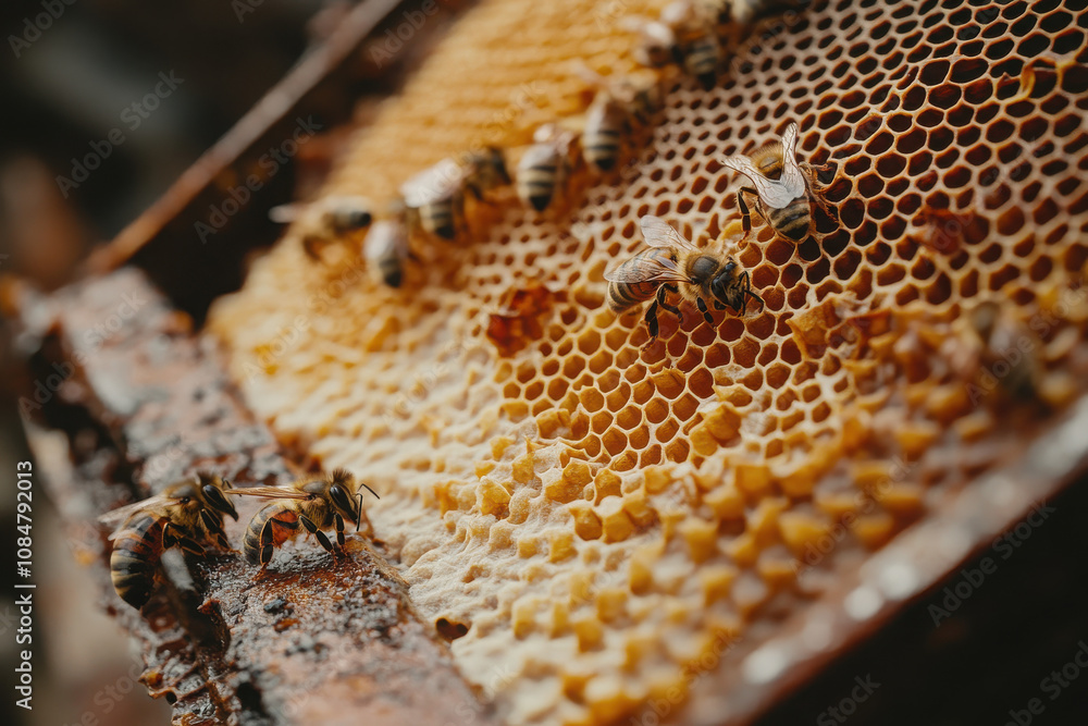 Close-up of honeycomb filled with bees, showcasing honey production. Close-up of honeycomb filled with bees, showcasing honey production.