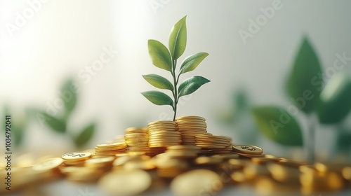 Plant grows from a pile of gold coins, symbolizing financial growth and wealth. Generative AI