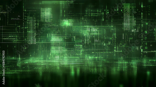 Abstract Green Digital Data Stream Background, Futuristic Technology Illustration with Glowing Code and Network Connections, Showing a Complex System of Information Transfer