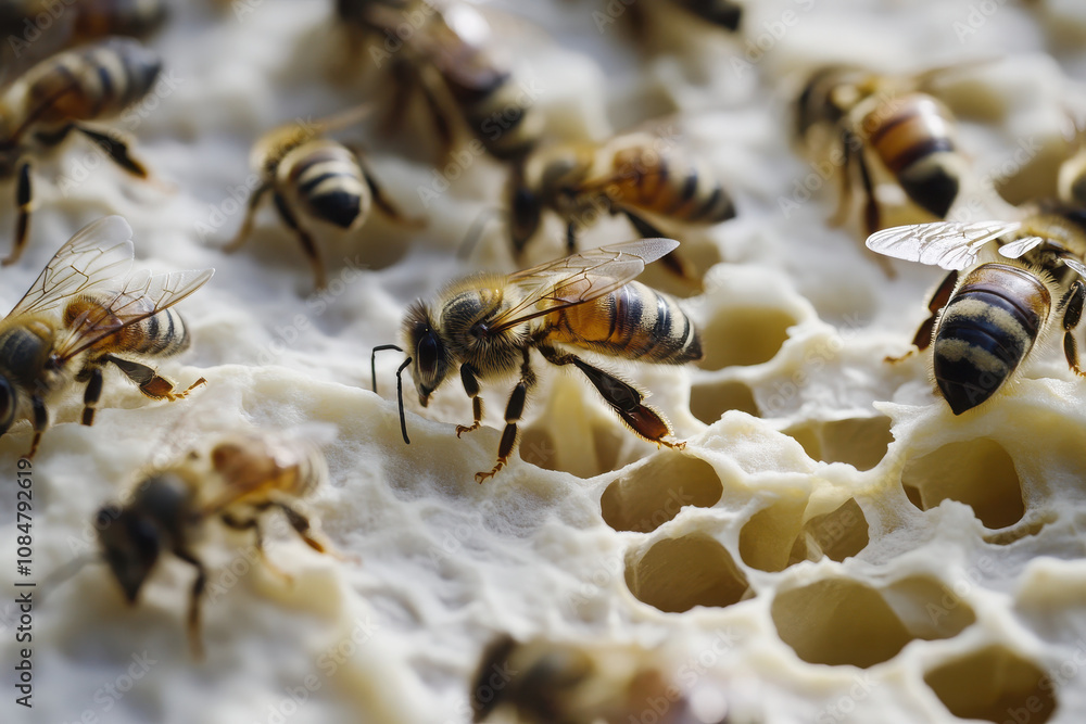 Close-up of bees on honeycomb, showcasing their role in honey production. Close-up of bees on honeycomb, showcasing their role in honey production.