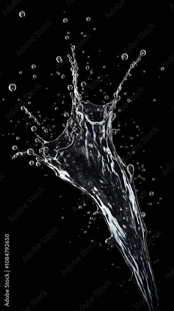 A splash of water creating dynamic movement against a black background. A splash of water creating dynamic movement against a black background.