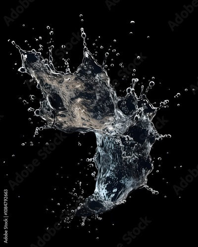 A dynamic splash of water captured mid-motion against a black background.