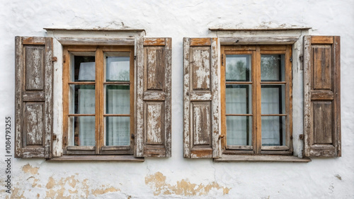  Symmetrical Set of Vintage Wooden Windows with Rustic Peeling Paint on a Clean White Background