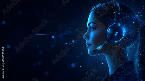 Digital Woman with Headset: Abstract 3D Illustration of AI Customer Service Agent, Glowing in Blue Neon Lights against a Dark Background