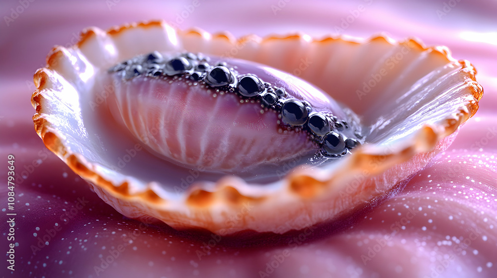 3D Render of a Seashell with Dark Beads, Abstract Background, Pink Hues 3D Render of a Seashell with Dark Beads, Abstract Background, Pink Hues