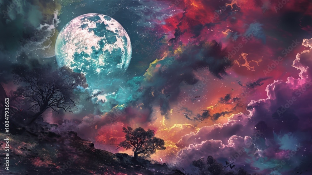A full moon shining down upon the scene intensifying the vibrant colors and giving an ethereal glow to everything in its path. A full moon shining down upon the scene intensifying the vibrant colors and giving an ethereal glow to everything in its path.
