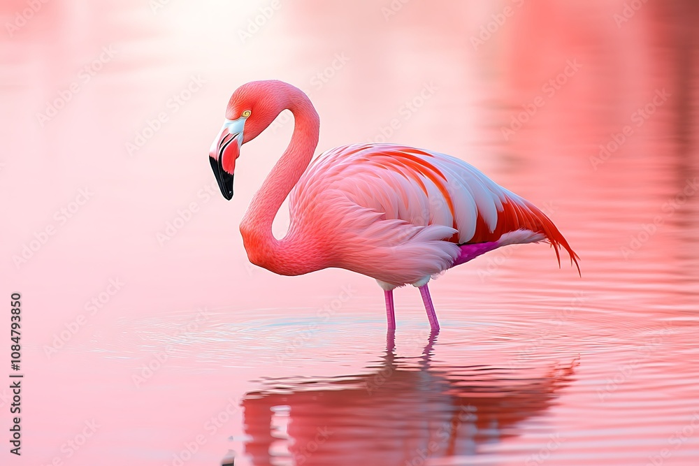 Fototapeta premium A pink flamingo stands gracefully in calm water at sunset.