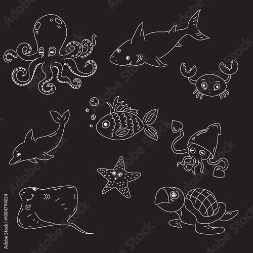 sea creatures drawn with white pen on black background, octopus, shark, dolphin, crab, fish, squid, starfish, stingray, turtle set