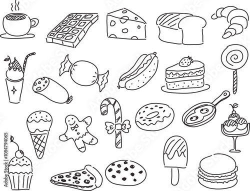 flour sweets and fast food drawn with black pen on white transparent background set