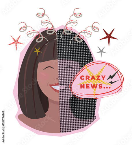 Woman shocked by crazy news, color and halftone retro style illustration, trendy y2k psychedelic pop art, sticker with newspaper and torn paper effect, vector 90s grunge vintage graphic