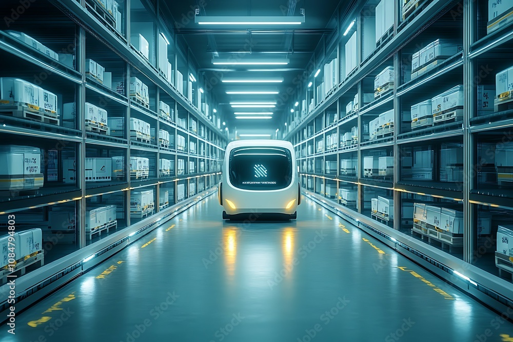 Obraz premium Automated vehicle in a modern warehouse with organized shelving.