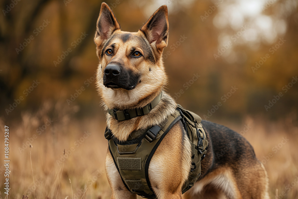 A military working dog in full tactical harness, standing with intense focus in an open outdoor area. A military working dog in full tactical harness, standing with intense focus in an open outdoor area.