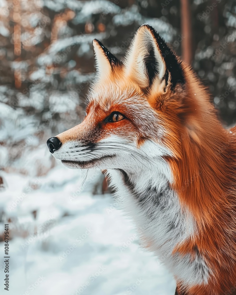 Obraz premium Majestic Red Fox in Snowy Forest Setting with Detailed Fur and Striking Eyes Captured in Natural Light, Showcasing Wildlife in Winter Wonderland