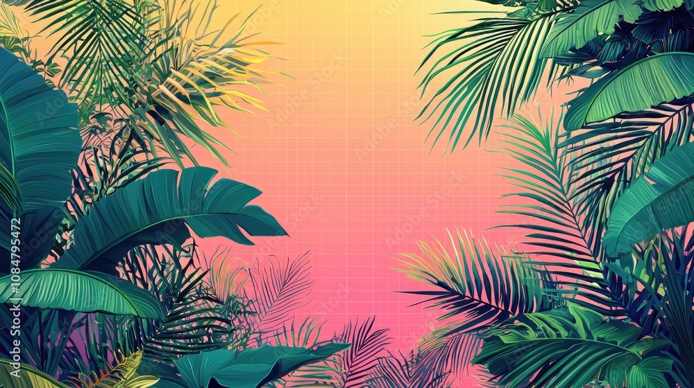 Tropical foliage frame with pink and yellow gradient background. Tropical foliage frame with pink and yellow gradient background.
